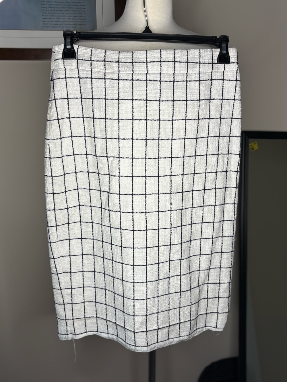 J. Crew White Pencil Skirt with Black Windowpane Grid